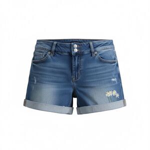 Blue Denim Floral Embroidered Jean Shorts Woman Size 7 Juniors Stretch Cuffed
